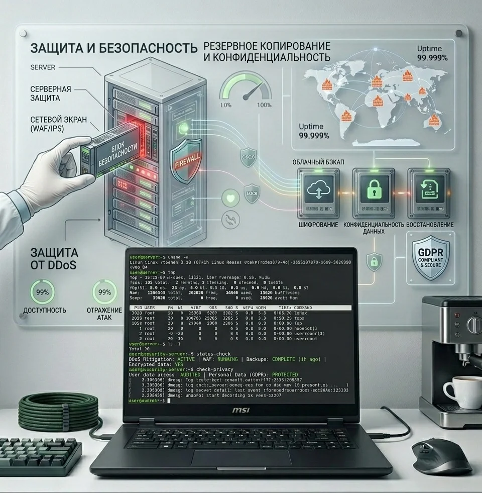 Защита от вирусов, настройка фаерволов и резервного копирования. Надежный uptime 24/7 без ddos